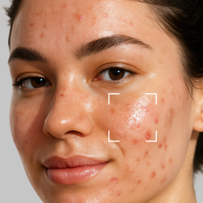 Close-up of a woman's face showing acne blemishes on her cheek, with white corner brackets highlighting the area of concern.